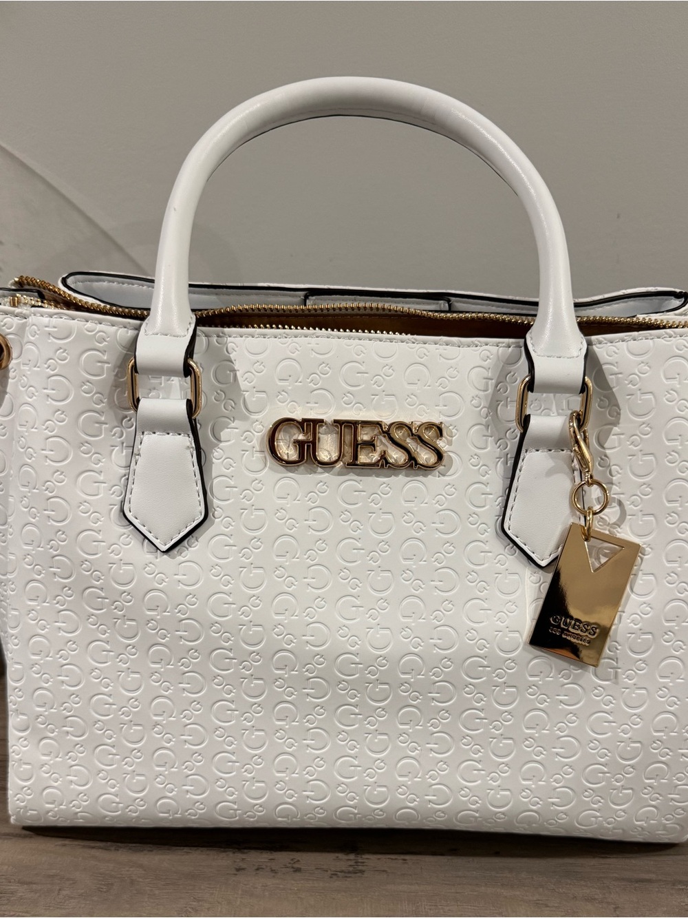 GUESS White Embossed Logo Satchel with Gold Hardware